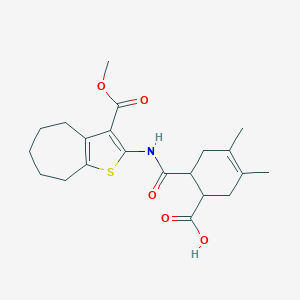 molecular formula C21H27NO5S B453685 6-({[3-(methoxycarbonyl)-5,6,7,8-tetrahydro-4H-cyclohepta[b]thien-2-yl]amino}carbonyl)-3,4-dimethyl-3-cyclohexene-1-carboxylic acid 