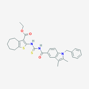 molecular formula C31H33N3O3S2 B453695 ethyl 2-[({[(1-benzyl-2,3-dimethyl-1H-indol-5-yl)carbonyl]amino}carbothioyl)amino]-5,6,7,8-tetrahydro-4H-cyclohepta[b]thiophene-3-carboxylate 