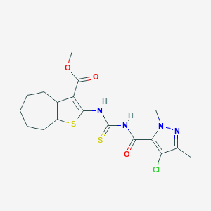 molecular formula C18H21ClN4O3S2 B453722 methyl 2-[({[(4-chloro-1,3-dimethyl-1H-pyrazol-5-yl)carbonyl]amino}carbothioyl)amino]-5,6,7,8-tetrahydro-4H-cyclohepta[b]thiophene-3-carboxylate 