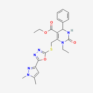 molecular formula C23H26N6O4S B4537344 ETHYL 6-({[5-(1,5-DIMETHYL-1H-PYRAZOL-3-YL)-1,3,4-OXADIAZOL-2-YL]SULFANYL}METHYL)-1-ETHYL-2-OXO-4-PHENYL-1,2,3,4-TETRAHYDRO-5-PYRIMIDINECARBOXYLATE 