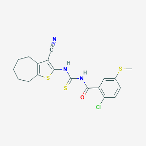 molecular formula C19H18ClN3OS3 B453741 N-[2-CHLORO-5-(METHYLSULFANYL)BENZOYL]-N'-(3-CYANO-5,6,7,8-TETRAHYDRO-4H-CYCLOHEPTA[B]THIOPHEN-2-YL)THIOUREA 