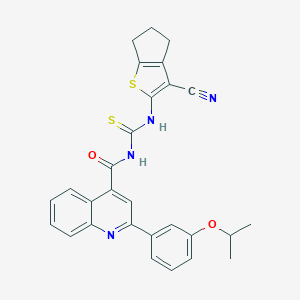 molecular formula C28H24N4O2S2 B453757 N-(3-CYANO-5,6-DIHYDRO-4H-CYCLOPENTA[B]THIOPHEN-2-YL)-N'-{[2-(3-ISOPROPOXYPHENYL)-4-QUINOLYL]CARBONYL}THIOUREA 