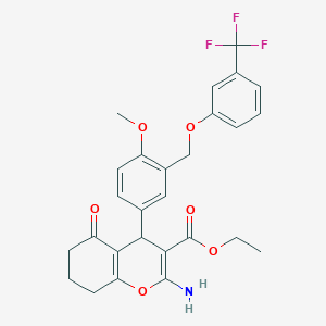 molecular formula C27H26F3NO6 B453766 ethyl 2-amino-4-(4-methoxy-3-{[3-(trifluoromethyl)phenoxy]methyl}phenyl)-5-oxo-5,6,7,8-tetrahydro-4H-chromene-3-carboxylate 