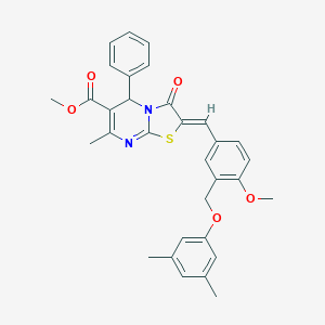 molecular formula C32H30N2O5S B453842 METHYL 2-((Z)-1-{3-[(3,5-DIMETHYLPHENOXY)METHYL]-4-METHOXYPHENYL}METHYLIDENE)-7-METHYL-3-OXO-5-PHENYL-5H-[1,3]THIAZOLO[3,2-A]PYRIMIDINE-6(3H)-CARBOXYLATE 