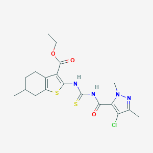 molecular formula C19H23ClN4O3S2 B453845 ethyl 2-[({[(4-chloro-1,3-dimethyl-1H-pyrazol-5-yl)carbonyl]amino}carbothioyl)amino]-6-methyl-4,5,6,7-tetrahydro-1-benzothiophene-3-carboxylate 