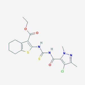 molecular formula C18H21ClN4O3S2 B453848 ethyl 2-[({[(4-chloro-1,3-dimethyl-1H-pyrazol-5-yl)carbonyl]amino}carbothioyl)amino]-4,5,6,7-tetrahydro-1-benzothiophene-3-carboxylate 