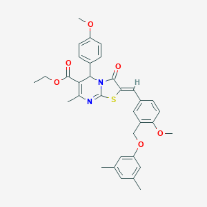 molecular formula C34H34N2O6S B453851 ETHYL 2-((Z)-1-{3-[(3,5-DIMETHYLPHENOXY)METHYL]-4-METHOXYPHENYL}METHYLIDENE)-5-(4-METHOXYPHENYL)-7-METHYL-3-OXO-5H-[1,3]THIAZOLO[3,2-A]PYRIMIDINE-6(3H)-CARBOXYLATE 
