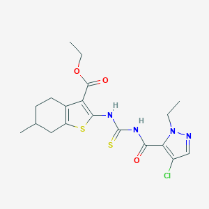 molecular formula C19H23ClN4O3S2 B453852 ethyl 2-[({[(4-chloro-1-ethyl-1H-pyrazol-5-yl)carbonyl]amino}carbothioyl)amino]-6-methyl-4,5,6,7-tetrahydro-1-benzothiophene-3-carboxylate 
