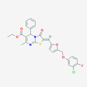 molecular formula C28H22ClFN2O5S B453853 ETHYL 2-((Z)-1-{5-[(3-CHLORO-4-FLUOROPHENOXY)METHYL]-2-FURYL}METHYLIDENE)-7-METHYL-3-OXO-5-PHENYL-5H-[1,3]THIAZOLO[3,2-A]PYRIMIDINE-6(3H)-CARBOXYLATE 