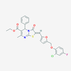 molecular formula C28H22ClFN2O5S B453858 ETHYL 2-((Z)-1-{5-[(2-CHLORO-4-FLUOROPHENOXY)METHYL]-2-FURYL}METHYLIDENE)-7-METHYL-3-OXO-5-PHENYL-5H-[1,3]THIAZOLO[3,2-A]PYRIMIDINE-6(3H)-CARBOXYLATE 