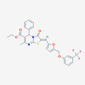 molecular formula C29H23F3N2O5S B453859 ETHYL 7-METHYL-3-OXO-5-PHENYL-2-[(Z)-1-(5-{[3-(TRIFLUOROMETHYL)PHENOXY]METHYL}-2-FURYL)METHYLIDENE]-5H-[1,3]THIAZOLO[3,2-A]PYRIMIDINE-6(3H)-CARBOXYLATE 