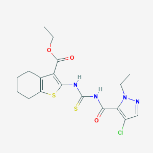 molecular formula C18H21ClN4O3S2 B453861 ethyl 2-[({[(4-chloro-1-ethyl-1H-pyrazol-5-yl)carbonyl]amino}carbothioyl)amino]-4,5,6,7-tetrahydro-1-benzothiophene-3-carboxylate 