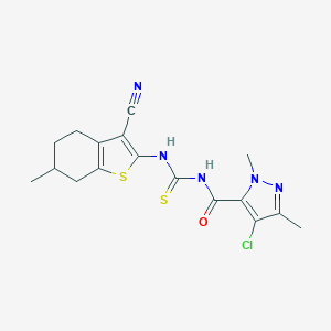 molecular formula C17H18ClN5OS2 B453868 N-[(4-CHLORO-1,3-DIMETHYL-1H-PYRAZOL-5-YL)CARBONYL]-N'-(3-CYANO-6-METHYL-4,5,6,7-TETRAHYDRO-1-BENZOTHIOPHEN-2-YL)THIOUREA 