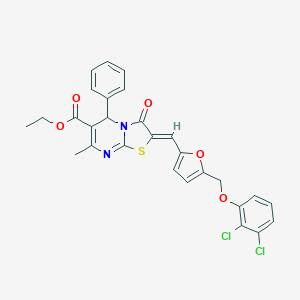molecular formula C28H22Cl2N2O5S B453870 ETHYL 2-((Z)-1-{5-[(2,3-DICHLOROPHENOXY)METHYL]-2-FURYL}METHYLIDENE)-7-METHYL-3-OXO-5-PHENYL-5H-[1,3]THIAZOLO[3,2-A]PYRIMIDINE-6(3H)-CARBOXYLATE 