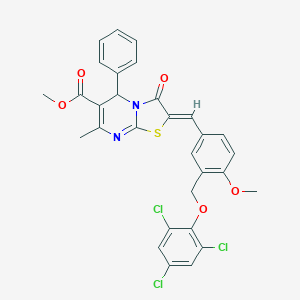 molecular formula C30H23Cl3N2O5S B453874 METHYL 2-((Z)-1-{4-METHOXY-3-[(2,4,6-TRICHLOROPHENOXY)METHYL]PHENYL}METHYLIDENE)-7-METHYL-3-OXO-5-PHENYL-5H-[1,3]THIAZOLO[3,2-A]PYRIMIDINE-6(3H)-CARBOXYLATE 
