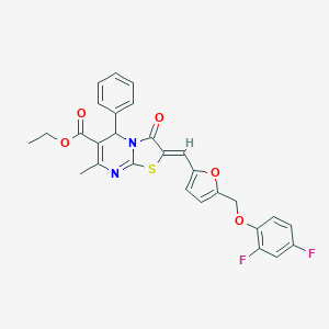 molecular formula C28H22F2N2O5S B453876 ETHYL 2-((Z)-1-{5-[(2,4-DIFLUOROPHENOXY)METHYL]-2-FURYL}METHYLIDENE)-7-METHYL-3-OXO-5-PHENYL-5H-[1,3]THIAZOLO[3,2-A]PYRIMIDINE-6(3H)-CARBOXYLATE 