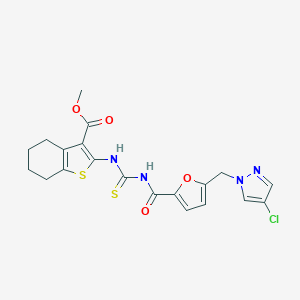 molecular formula C20H19ClN4O4S2 B453914 METHYL 2-({[({5-[(4-CHLORO-1H-PYRAZOL-1-YL)METHYL]-2-FURYL}CARBONYL)AMINO]CARBOTHIOYL}AMINO)-4,5,6,7-TETRAHYDRO-1-BENZOTHIOPHENE-3-CARBOXYLATE 
