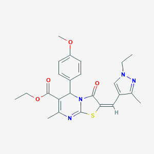 molecular formula C24H26N4O4S B453920 ethyl (2E)-2-[(1-ethyl-3-methylpyrazol-4-yl)methylidene]-5-(4-methoxyphenyl)-7-methyl-3-oxo-5H-[1,3]thiazolo[3,2-a]pyrimidine-6-carboxylate CAS No. 494219-73-7