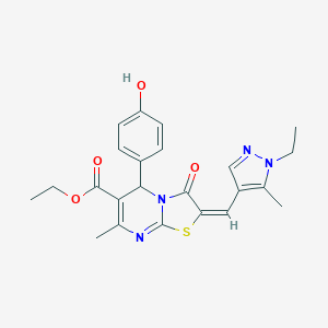 molecular formula C23H24N4O4S B453927 ethyl (2E)-2-[(1-ethyl-5-methylpyrazol-4-yl)methylidene]-5-(4-hydroxyphenyl)-7-methyl-3-oxo-5H-[1,3]thiazolo[3,2-a]pyrimidine-6-carboxylate CAS No. 494219-82-8