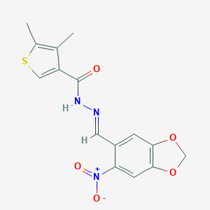 molecular formula C15H13N3O5S B453999 N'-({6-nitro-1,3-benzodioxol-5-yl}methylene)-4,5-dimethyl-3-thiophenecarbohydrazide 