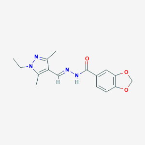 molecular formula C16H18N4O3 B454256 N'-[(E)-1-(1-ETHYL-3,5-DIMETHYL-1H-PYRAZOL-4-YL)METHYLIDENE]-1,3-BENZODIOXOLE-5-CARBOHYDRAZIDE 