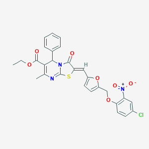 molecular formula C28H22ClN3O7S B454293 ETHYL 2-((Z)-1-{5-[(4-CHLORO-2-NITROPHENOXY)METHYL]-2-FURYL}METHYLIDENE)-7-METHYL-3-OXO-5-PHENYL-5H-[1,3]THIAZOLO[3,2-A]PYRIMIDINE-6(3H)-CARBOXYLATE 