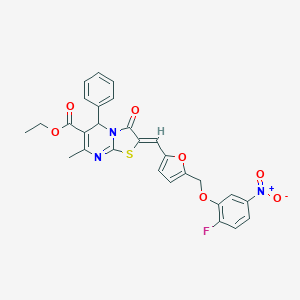 molecular formula C28H22FN3O7S B454295 ETHYL 2-((Z)-1-{5-[(2-FLUORO-5-NITROPHENOXY)METHYL]-2-FURYL}METHYLIDENE)-7-METHYL-3-OXO-5-PHENYL-5H-[1,3]THIAZOLO[3,2-A]PYRIMIDINE-6(3H)-CARBOXYLATE 