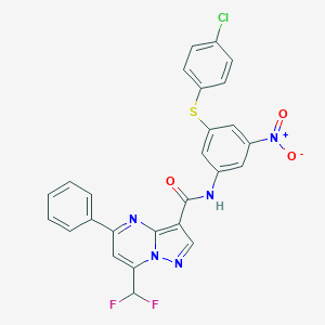molecular formula C26H16ClF2N5O3S B454322 N-{3-[(4-chlorophenyl)sulfanyl]-5-nitrophenyl}-7-(difluoromethyl)-5-phenylpyrazolo[1,5-a]pyrimidine-3-carboxamide 