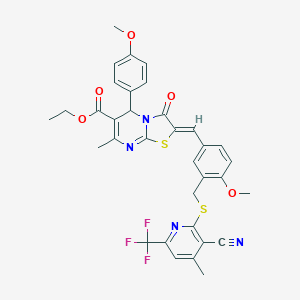 molecular formula C34H29F3N4O5S2 B454347 ETHYL 2-{(Z)-1-[3-({[3-CYANO-4-METHYL-6-(TRIFLUOROMETHYL)-2-PYRIDYL]SULFANYL}METHYL)-4-METHOXYPHENYL]METHYLIDENE}-5-(4-METHOXYPHENYL)-7-METHYL-3-OXO-5H-[1,3]THIAZOLO[3,2-A]PYRIMIDINE-6(3H)-CARBOXYLATE 