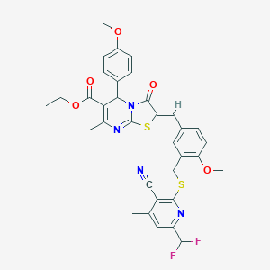 molecular formula C34H30F2N4O5S2 B454355 ETHYL 2-{(Z)-1-[3-({[3-CYANO-6-(DIFLUOROMETHYL)-4-METHYL-2-PYRIDYL]SULFANYL}METHYL)-4-METHOXYPHENYL]METHYLIDENE}-5-(4-METHOXYPHENYL)-7-METHYL-3-OXO-5H-[1,3]THIAZOLO[3,2-A]PYRIMIDINE-6(3H)-CARBOXYLATE 