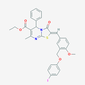 molecular formula C31H27IN2O5S B454374 ETHYL 2-((Z)-1-{3-[(4-IODOPHENOXY)METHYL]-4-METHOXYPHENYL}METHYLIDENE)-7-METHYL-3-OXO-5-PHENYL-5H-[1,3]THIAZOLO[3,2-A]PYRIMIDINE-6(3H)-CARBOXYLATE 