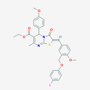 molecular formula C32H29IN2O6S B454377 ETHYL 2-((Z)-1-{3-[(4-IODOPHENOXY)METHYL]-4-METHOXYPHENYL}METHYLIDENE)-5-(4-METHOXYPHENYL)-7-METHYL-3-OXO-5H-[1,3]THIAZOLO[3,2-A]PYRIMIDINE-6(3H)-CARBOXYLATE 