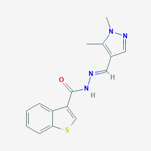 molecular formula C15H14N4OS B454382 N'-[(1,5-dimethyl-1H-pyrazol-4-yl)methylene]-1-benzothiophene-3-carbohydrazide 