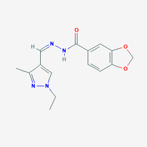 molecular formula C15H16N4O3 B454394 N'~5~-[(Z)-1-(1-ETHYL-3-METHYL-1H-PYRAZOL-4-YL)METHYLIDENE]-1,3-BENZODIOXOLE-5-CARBOHYDRAZIDE 