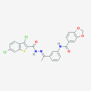 molecular formula C25H17Cl2N3O4S B454412 N-(3-{N-[(3,6-dichloro-1-benzothien-2-yl)carbonyl]ethanehydrazonoyl}phenyl)-1,3-benzodioxole-5-carboxamide 