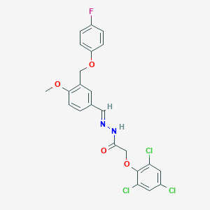 molecular formula C23H18Cl3FN2O4 B454589 N'-{3-[(4-fluorophenoxy)methyl]-4-methoxybenzylidene}-2-(2,4,6-trichlorophenoxy)acetohydrazide 