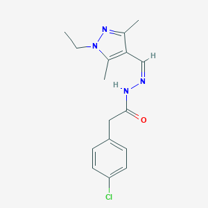 molecular formula C16H19ClN4O B454591 2-(4-CHLOROPHENYL)-N'~1~-[(Z)-1-(1-ETHYL-3,5-DIMETHYL-1H-PYRAZOL-4-YL)METHYLIDENE]ACETOHYDRAZIDE 