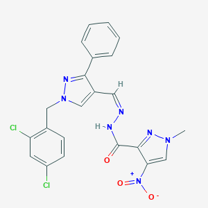 molecular formula C22H17Cl2N7O3 B454593 N'~3~-{(Z)-1-[1-(2,4-DICHLOROBENZYL)-3-PHENYL-1H-PYRAZOL-4-YL]METHYLIDENE}-1-METHYL-4-NITRO-1H-PYRAZOLE-3-CARBOHYDRAZIDE 