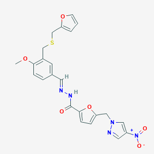 molecular formula C23H21N5O6S B454602 N'-[(E)-1-(3-{[(2-FURYLMETHYL)SULFANYL]METHYL}-4-METHOXYPHENYL)METHYLIDENE]-5-[(4-NITRO-1H-PYRAZOL-1-YL)METHYL]-2-FUROHYDRAZIDE 