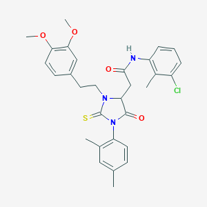 molecular formula C30H32ClN3O4S B454737 N-(3-CHLORO-2-METHYLPHENYL)-2-[3-(3,4-DIMETHOXYPHENETHYL)-1-(2,4-DIMETHYLPHENYL)-5-OXO-2-THIOXO-4-IMIDAZOLIDINYL]ACETAMIDE 