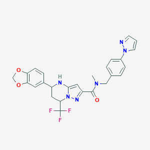 molecular formula C26H23F3N6O3 B454772 5-(1,3-BENZODIOXOL-5-YL)-N~2~-METHYL-N~2~-[4-(1H-PYRAZOL-1-YL)BENZYL]-7-(TRIFLUOROMETHYL)-4,5,6,7-TETRAHYDROPYRAZOLO[1,5-A]PYRIMIDINE-2-CARBOXAMIDE 