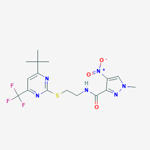 molecular formula C16H19F3N6O3S B454789 N-(2-{[4-(TERT-BUTYL)-6-(TRIFLUOROMETHYL)-2-PYRIMIDINYL]SULFANYL}ETHYL)-1-METHYL-4-NITRO-1H-PYRAZOLE-3-CARBOXAMIDE 