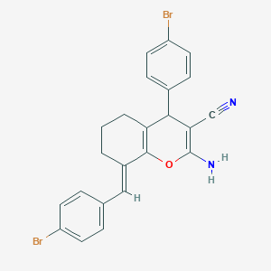 molecular formula C23H18Br2N2O B454795 2-AMINO-4-(4-BROMOPHENYL)-8-[(E)-1-(4-BROMOPHENYL)METHYLIDENE]-5,6,7,8-TETRAHYDRO-4H-CHROMEN-3-YL CYANIDE 