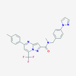 molecular formula C26H21F3N6O B454798 N~2~-METHYL-5-(4-METHYLPHENYL)-N~2~-[4-(1H-PYRAZOL-1-YL)BENZYL]-7-(TRIFLUOROMETHYL)PYRAZOLO[1,5-A]PYRIMIDINE-2-CARBOXAMIDE 