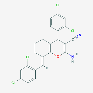 molecular formula C23H16Cl4N2O B454804 2-AMINO-4-(2,4-DICHLOROPHENYL)-8-[(E)-1-(2,4-DICHLOROPHENYL)METHYLIDENE]-5,6,7,8-TETRAHYDRO-4H-CHROMEN-3-YL CYANIDE 
