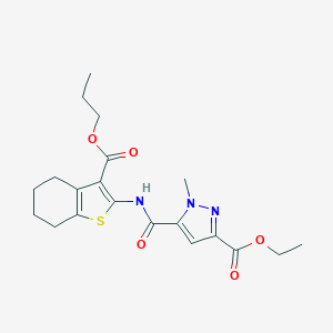 molecular formula C20H25N3O5S B454837 ETHYL 1-METHYL-5-({[3-(PROPOXYCARBONYL)-4,5,6,7-TETRAHYDRO-1-BENZOTHIOPHEN-2-YL]AMINO}CARBONYL)-1H-PYRAZOLE-3-CARBOXYLATE 