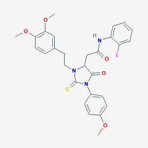 molecular formula C28H28IN3O5S B454846 2-[3-(3,4-DIMETHOXYPHENETHYL)-1-(4-METHOXYPHENYL)-5-OXO-2-THIOXO-4-IMIDAZOLIDINYL]-N-(2-IODOPHENYL)ACETAMIDE 