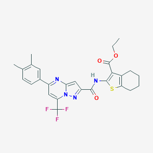 molecular formula C27H25F3N4O3S B454972 Ethyl 2-({[5-(3,4-dimethylphenyl)-7-(trifluoromethyl)pyrazolo[1,5-a]pyrimidin-2-yl]carbonyl}amino)-4,5,6,7-tetrahydro-1-benzothiophene-3-carboxylate 