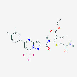 molecular formula C25H22F3N5O4S B455000 Ethyl 5-(aminocarbonyl)-2-({[5-(3,4-dimethylphenyl)-7-(trifluoromethyl)pyrazolo[1,5-a]pyrimidin-2-yl]carbonyl}amino)-4-methyl-3-thiophenecarboxylate 