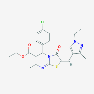 molecular formula C23H23ClN4O3S B455037 ETHYL 5-(4-CHLOROPHENYL)-2-[(E)-1-(1-ETHYL-3-METHYL-1H-PYRAZOL-4-YL)METHYLIDENE]-7-METHYL-3-OXO-2,3-DIHYDRO-5H-[1,3]THIAZOLO[3,2-A]PYRIMIDINE-6-CARBOXYLATE 